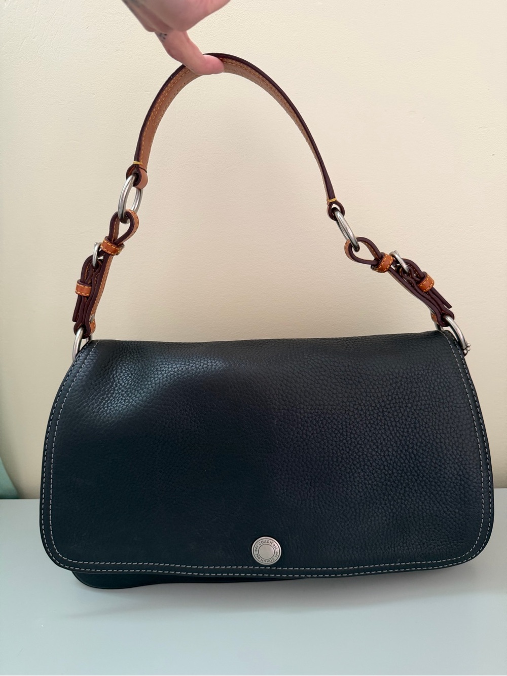 Vintage Coach Black Leather Shoulder Bag with Brown Strap Accents